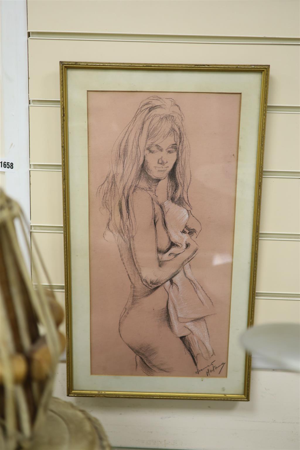 Franco Matania, charcoal and chalk, Standing female nude, signed, 47 x 23cm